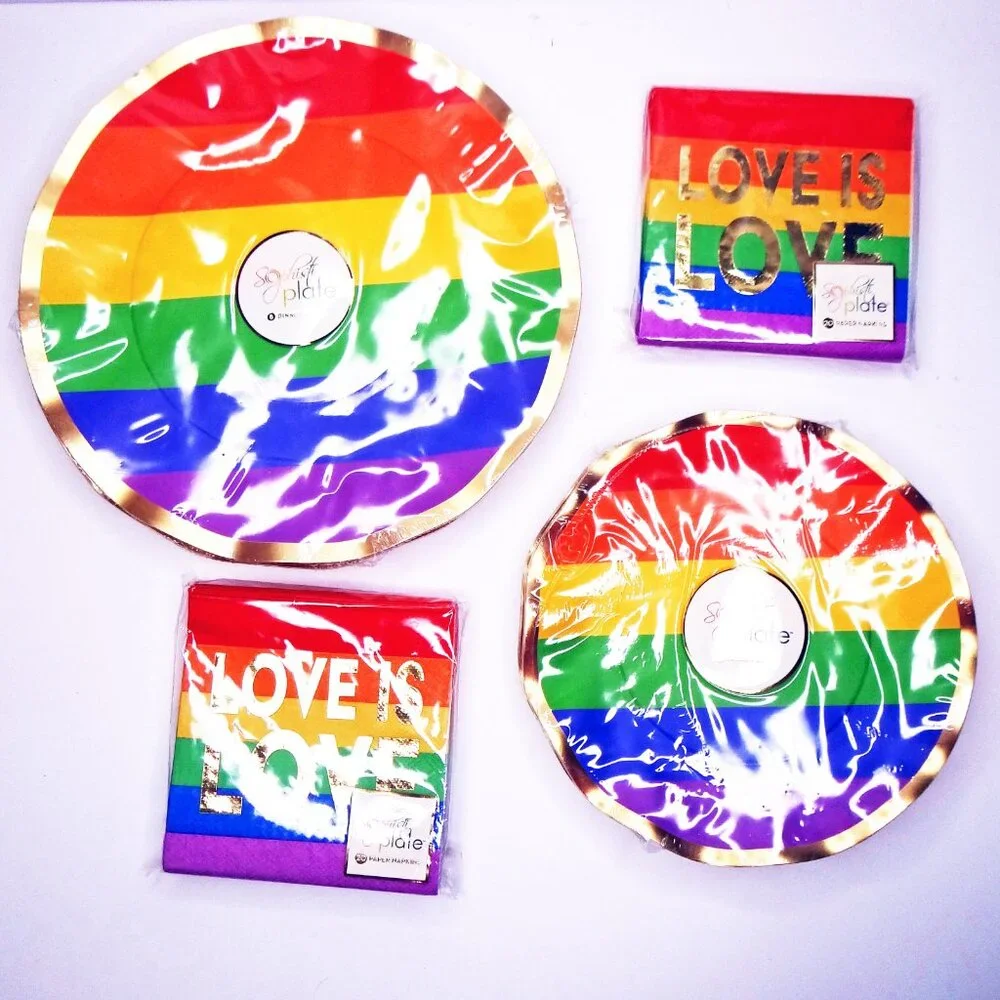 Love is Love Settings for 16 Dinner & Salad Plates, 40 Napkins Rainbow Pride NEW